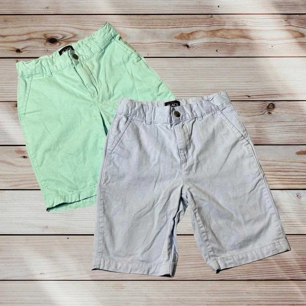 Children's Place Twill Set of 2 Shorts Boys 8 Green Blue Adjustable Waist Casual